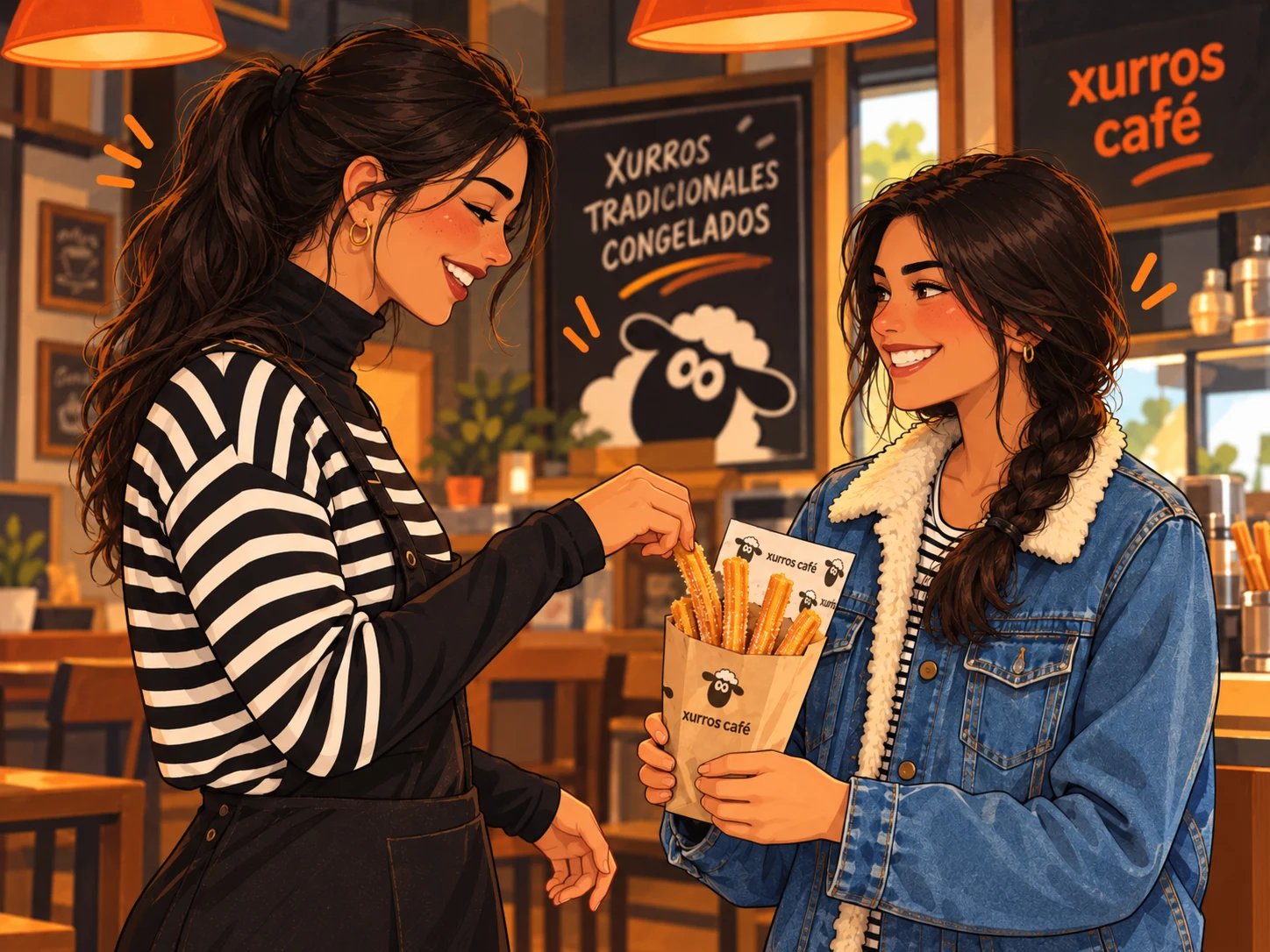 Dos amigas riéndose en el mesón de Xurros Café con un cucurucho de churros