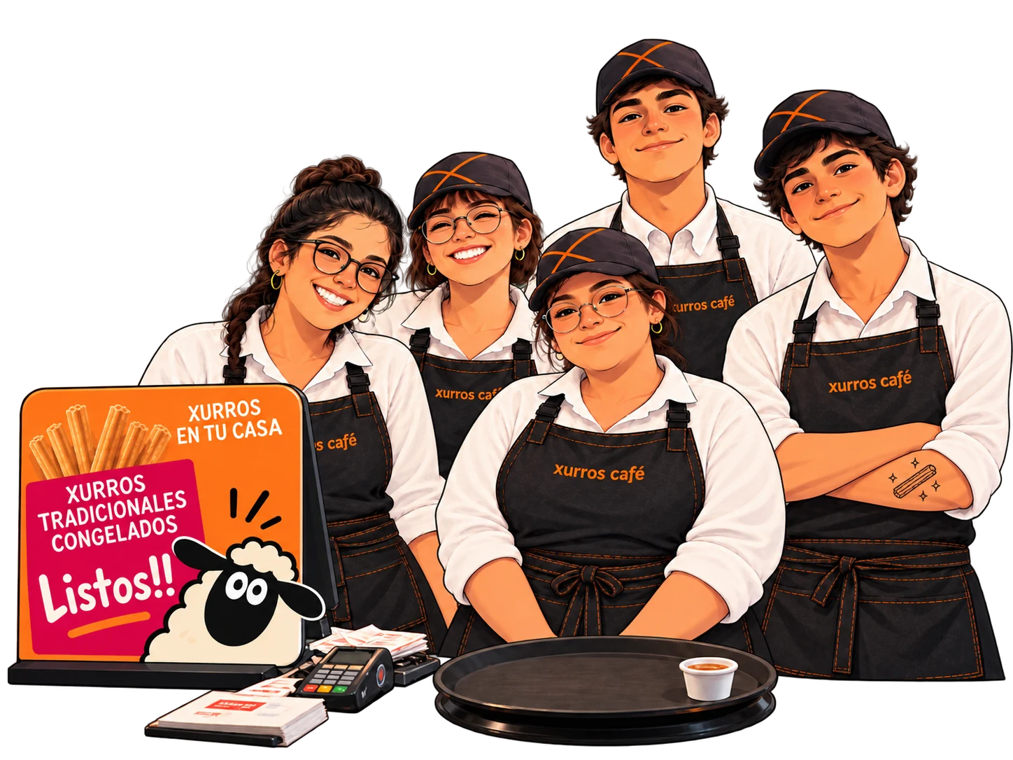 Equipo de Xurros Café sonriendo detrás del mesón