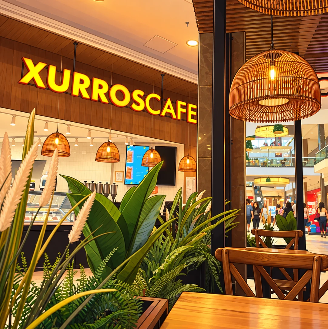 Interior de un local Xurros Café con mesas largas de madera y lámparas naranjas