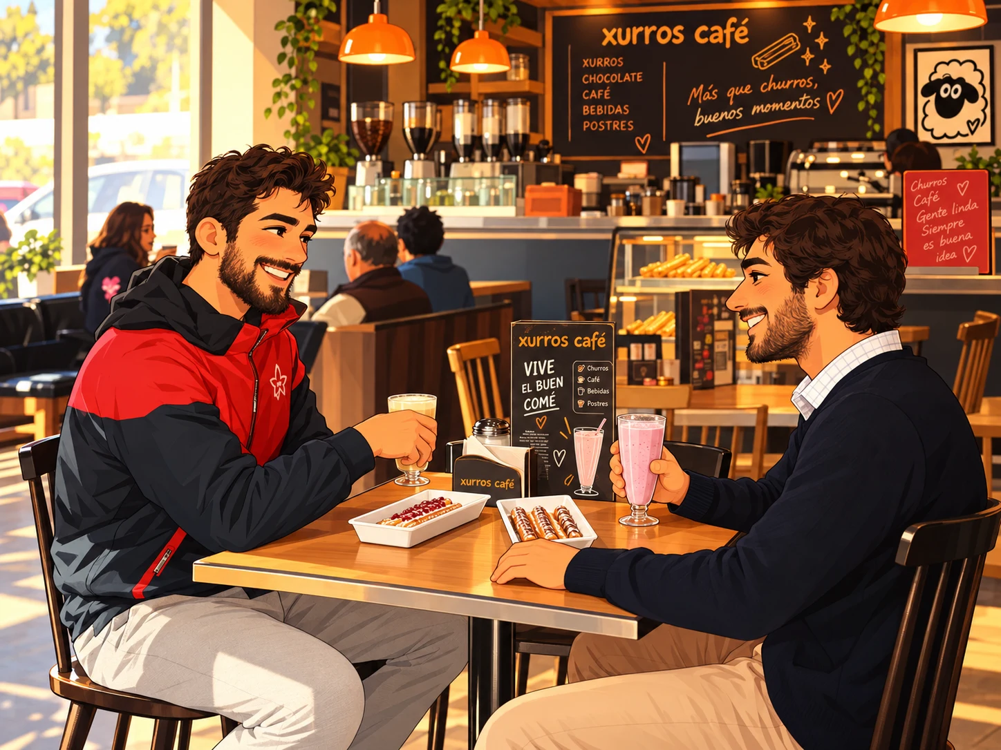 Dos amigos conversando en una mesa de un local Xurros Café