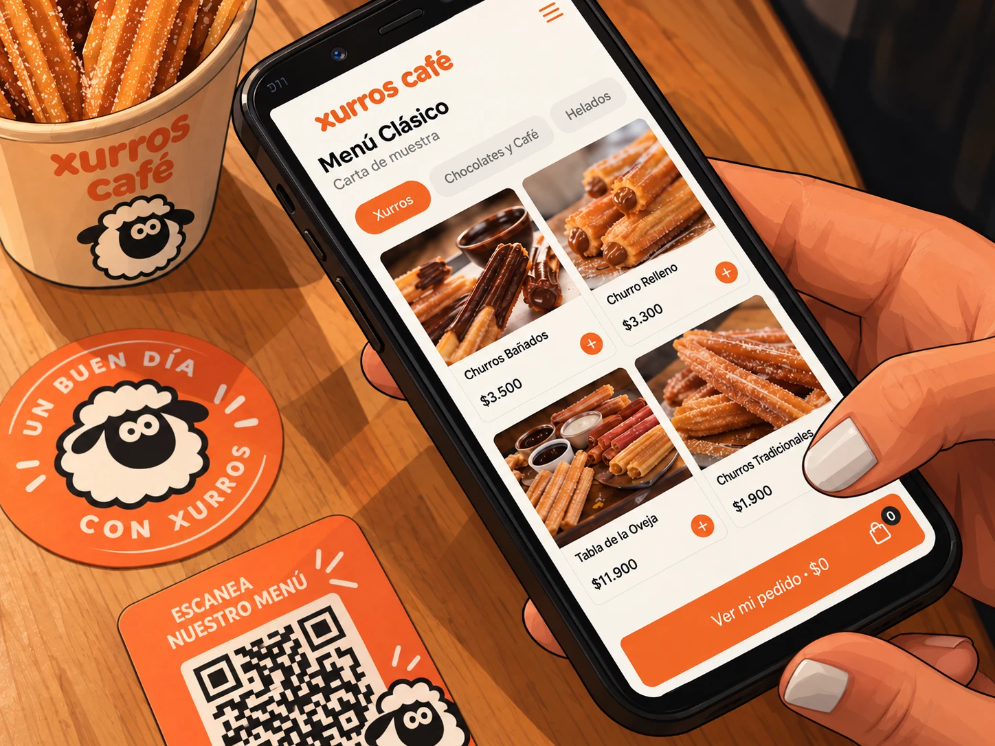 Teléfono escaneando el código QR de una mesa Xurros Café