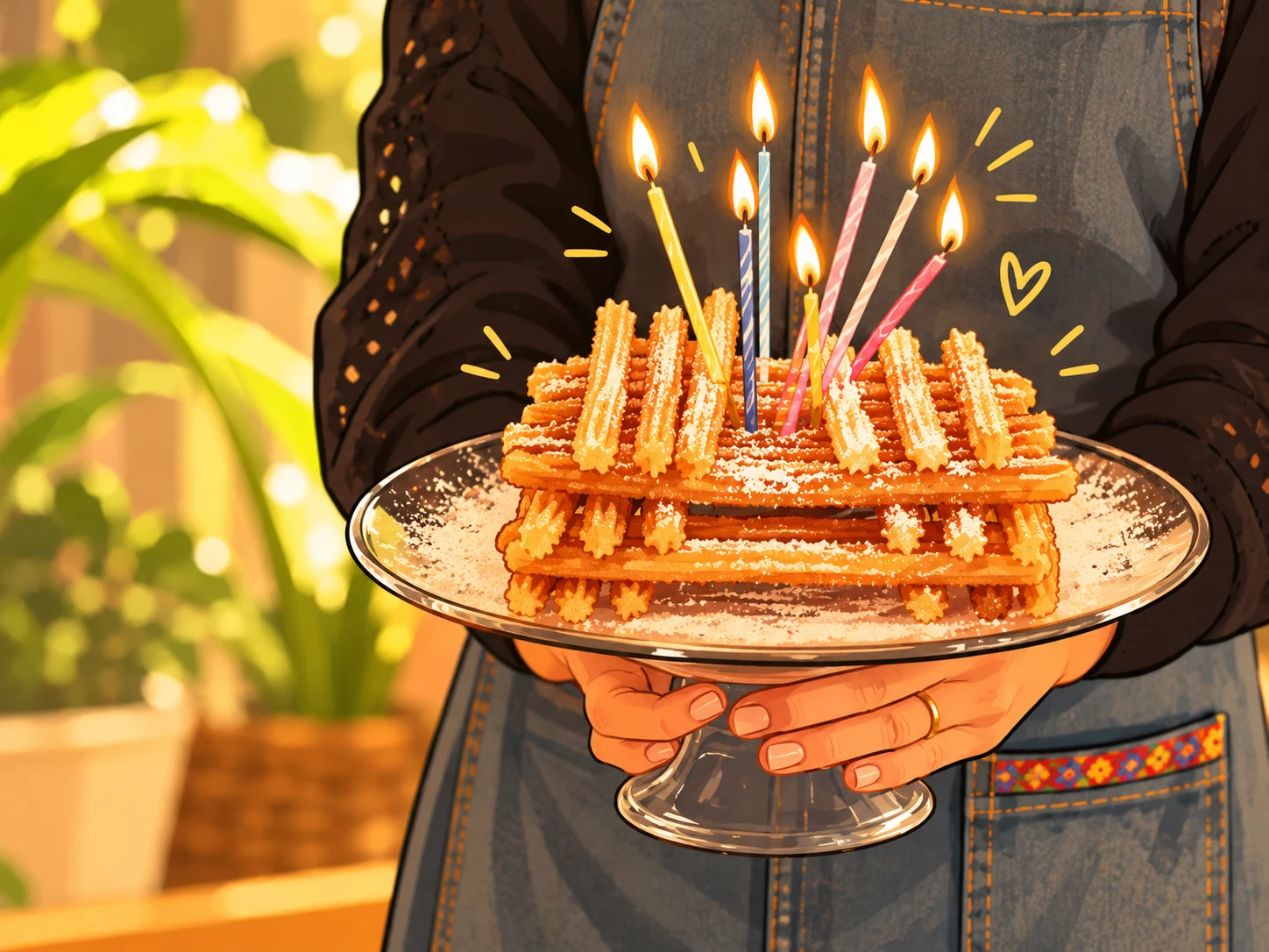 Torre de churros con velas de cumpleaños
